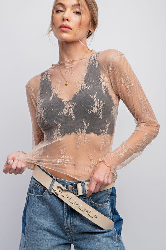 2419- Nude All Over Sheer Lace Top