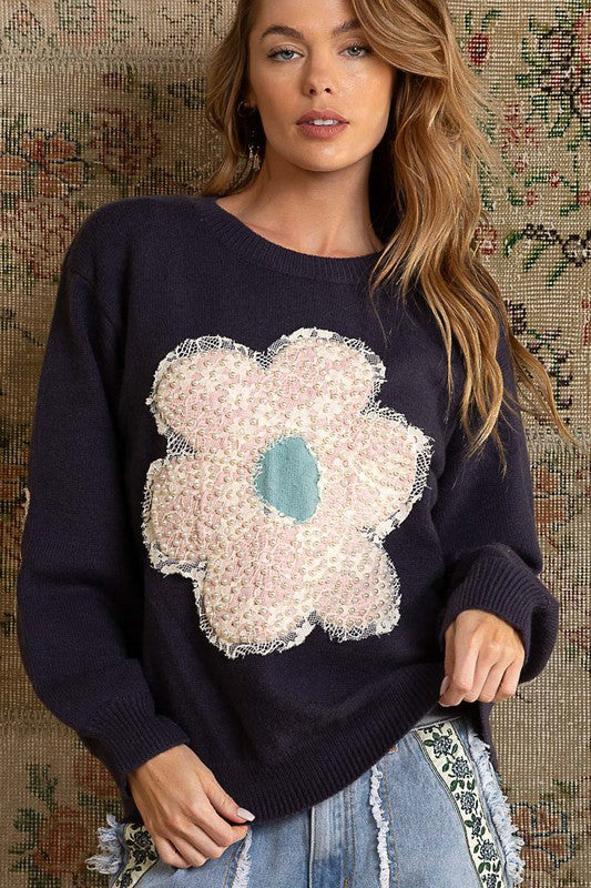 9260- Navy Blue Daisy w/ Pearl & :ace Patch Detail Sweater