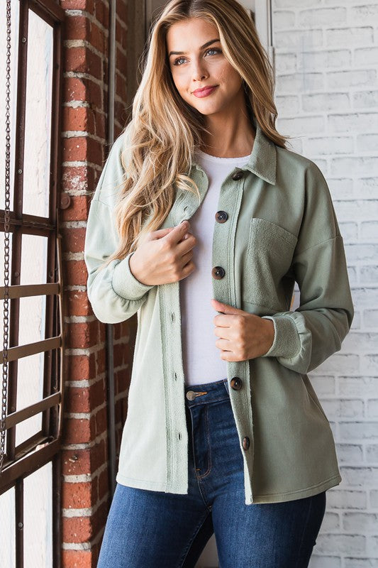 3394- Sage Brushed Long Sleeve Shacket