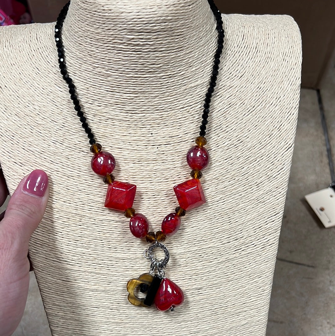 1035- Red Beaded Short Necklace w/ Pendants