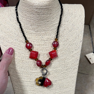 1035- Red Beaded Short Necklace w/ Pendants