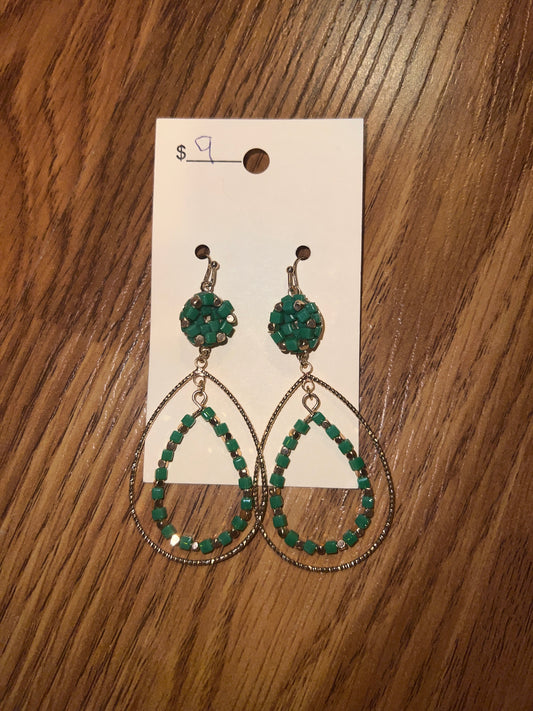 3166- Green & Gold Beaded Earrings