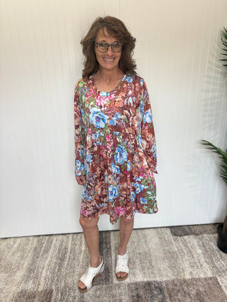 Multi Color Floral Print Round Neck Babydoll Dress by Haptics