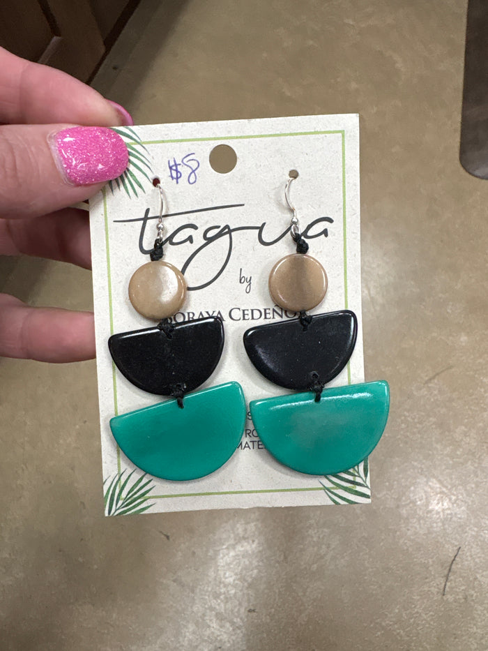 8412- Brown, Black, and Teal Tauga Nut Earrings