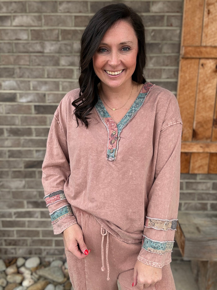 Sugar Rose Mineral Washed Boho Patchwork Henley Button Down Top by J. Her