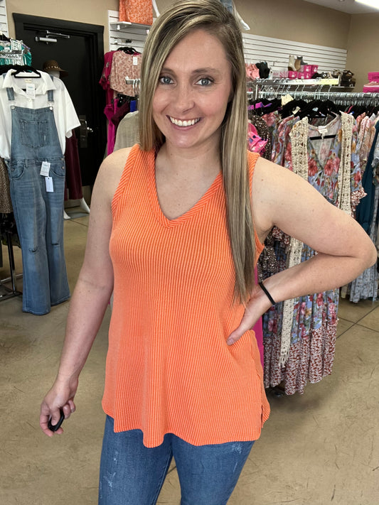 8858- Orange Sleeveless Rib V-Neck Tank Top