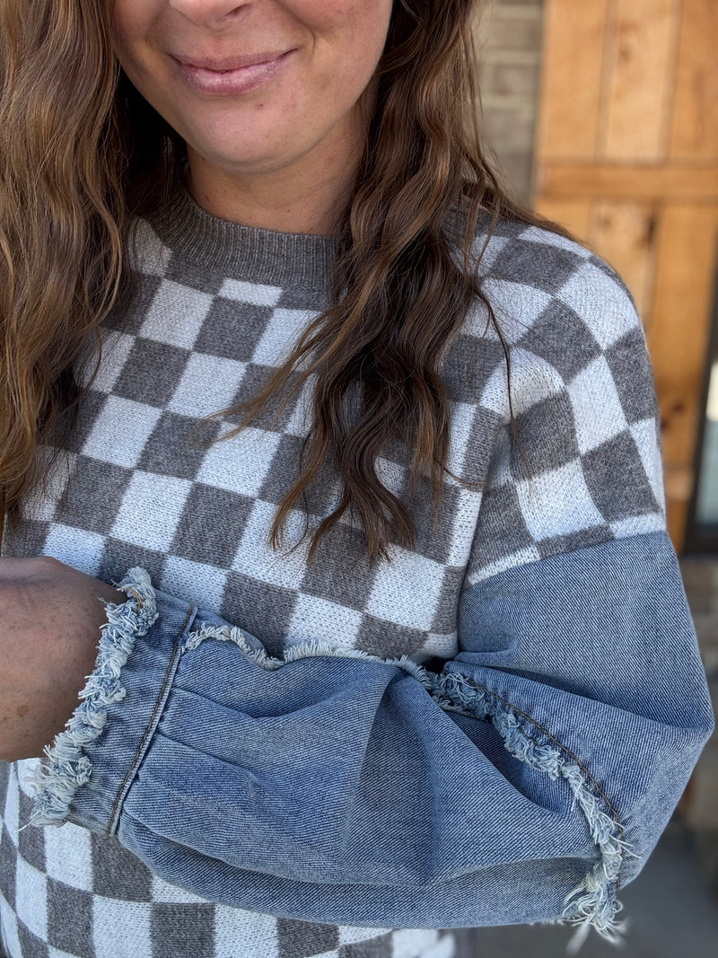 Grey & Ivory Washed Denim Checker Sweater 