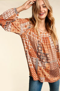 10238- Rust Boho Pattern Square Neck Top with Long Sleeves