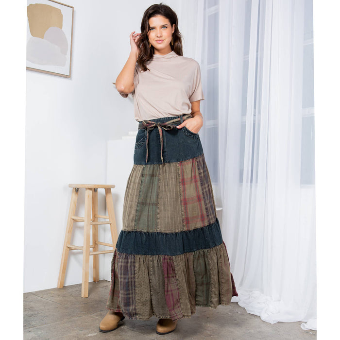 Cherokee Western Delight: Long Denim Tiered Skirt With Patch: Gravel by young Threads
