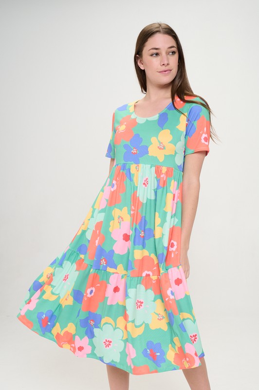 1015- Green Cartoon Floral Short Sleeve Tier Babydoll Dress