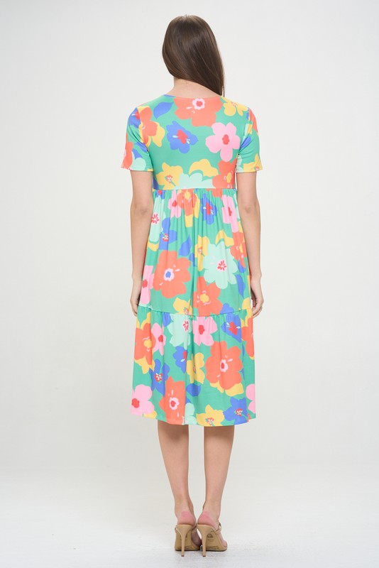 1015- Green Cartoon Floral Short Sleeve Tier Babydoll Dress