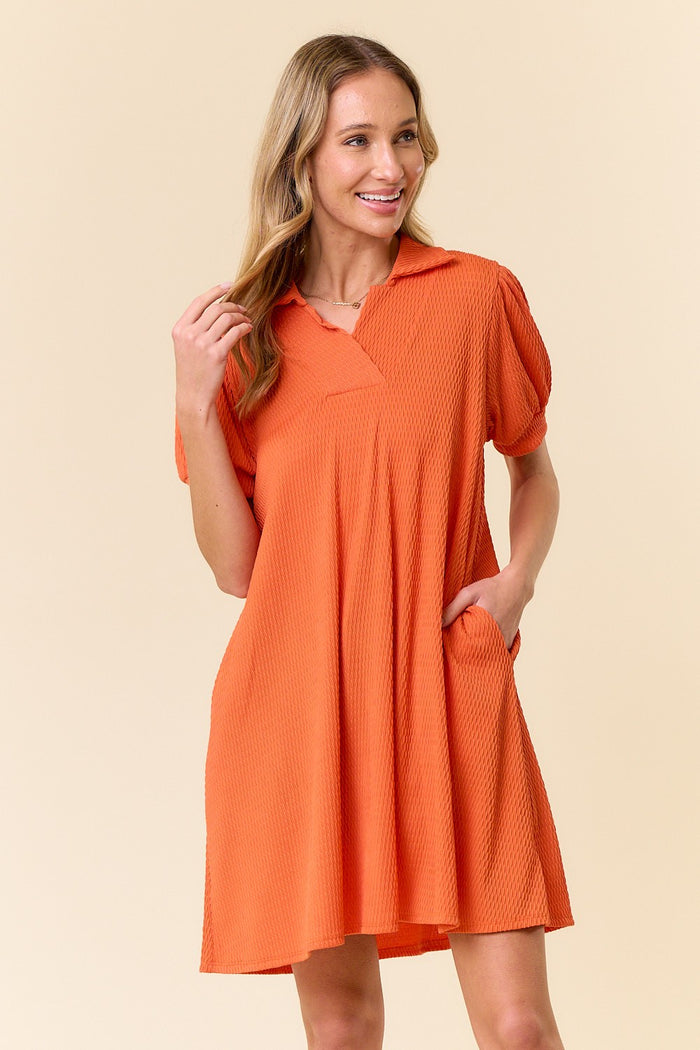 2778- Orange Textured Dress w/ Collar Necklace and Cuff Sleeves