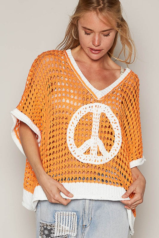 2261- Oversized Orange w/ Ivory V-Neck Short Sleeve Crochet Top