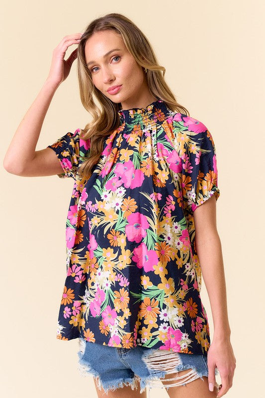 2782- Black Floral Print Smocked Neck Blouse