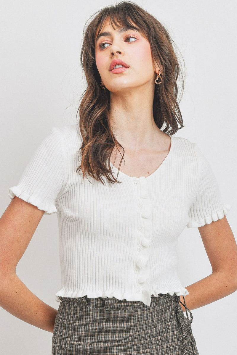 White Rib Knit Button Up Tee