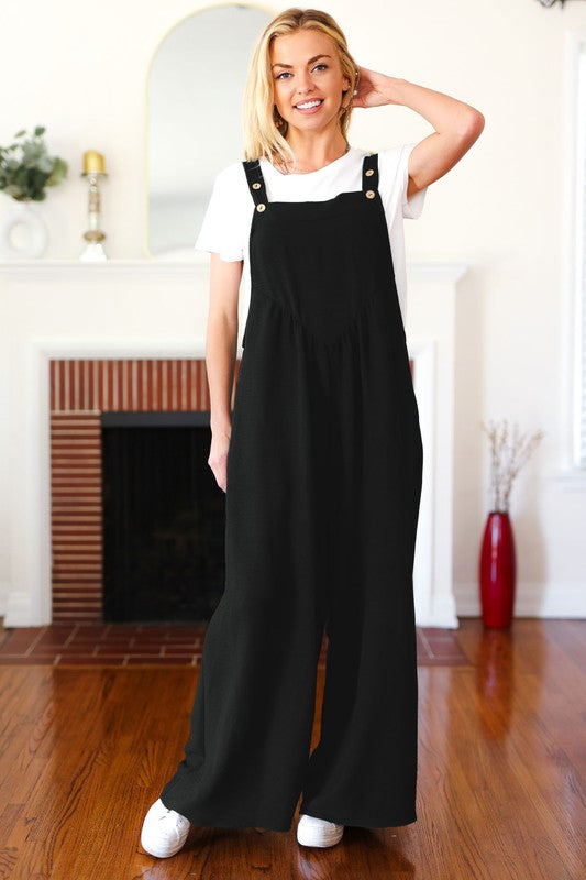 2614- Black Wide Leg Overall Jumpsuit