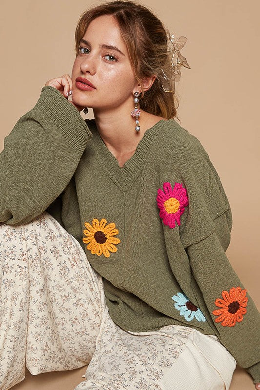 3013- Olive Long Sleeve Daisy Stitch Sweater