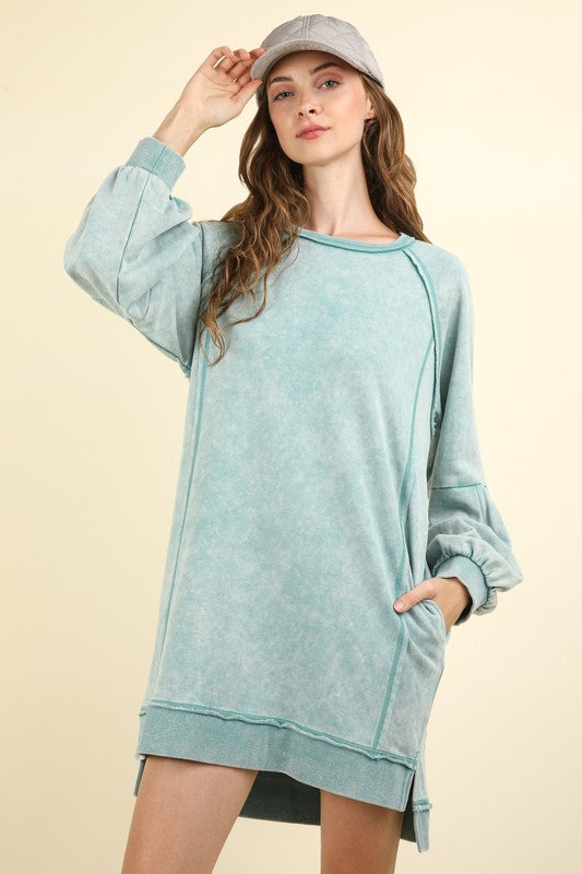 3031- Blue Mineral Wash Tunic Pullover w/ Side Slits