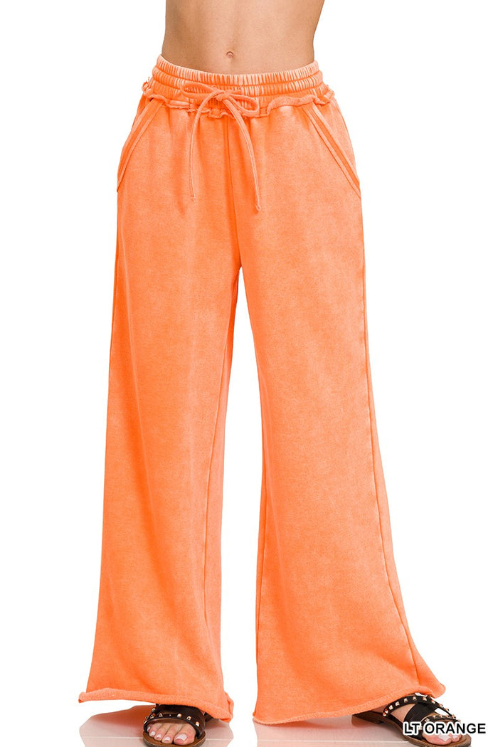 Orange Acid Wash Fleece Sweatpants with Raw Hem by Zenana