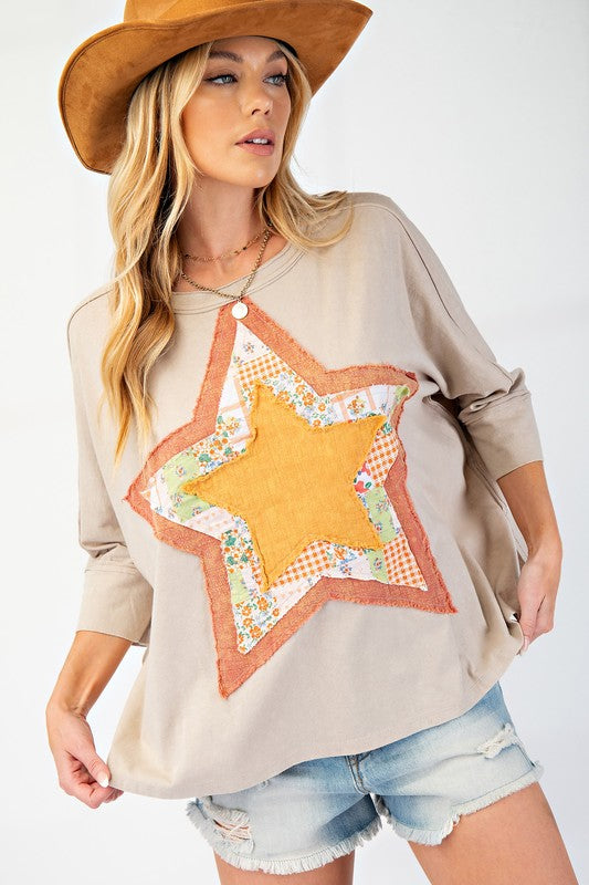 Khaki Washed Star Patch Short Sleeve Top by Easel