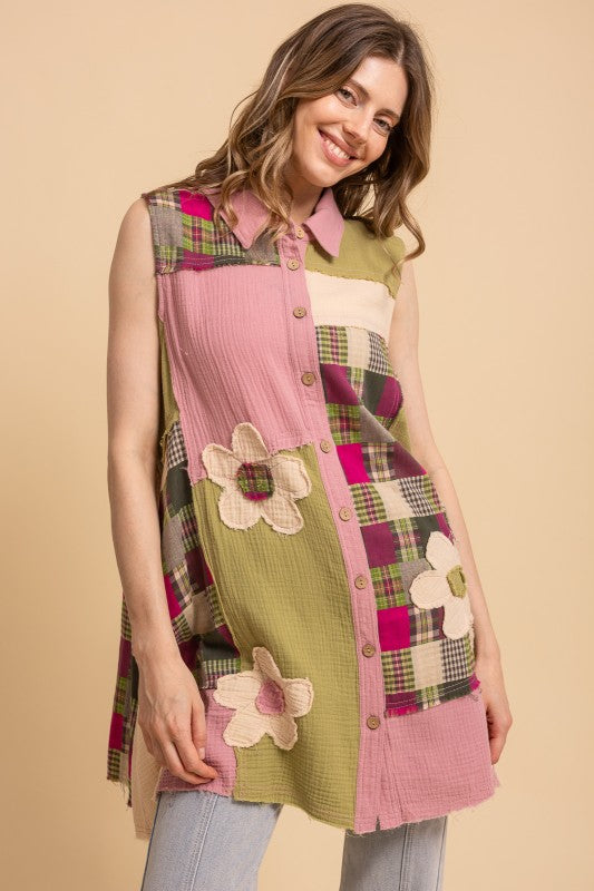 Olive and Pink Patchwork Sleeveless Tunic by BlueVelvet