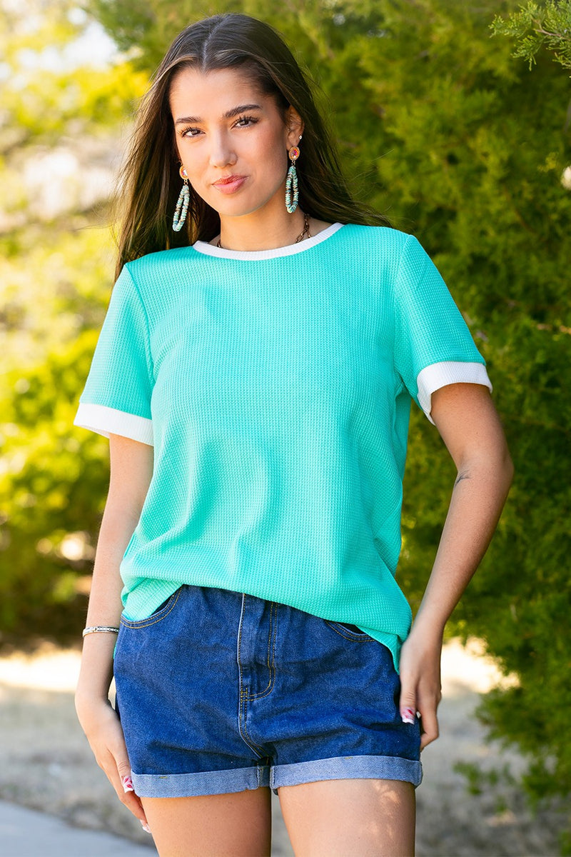 Mint Green Breeze Waffle Knit Tee *DALLAS PREORDER*
