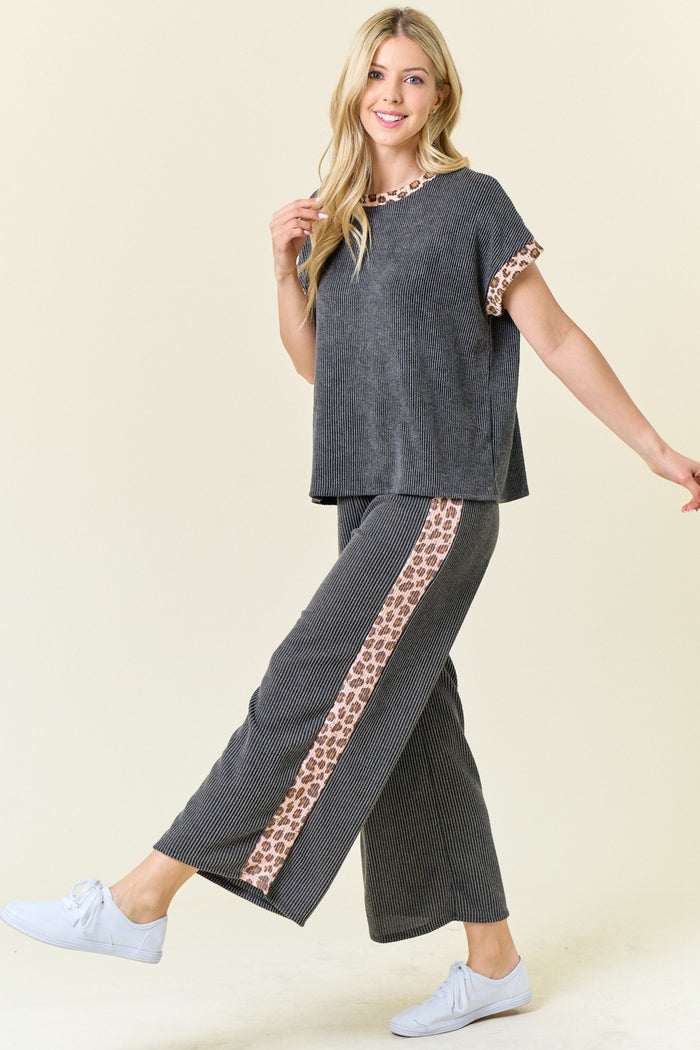 Charcoal Chic Ribbed Pants w/ Leopard Trim