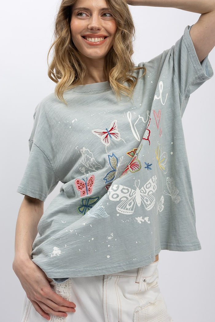 Dusty Blue Free to Fly Butterfly Tee