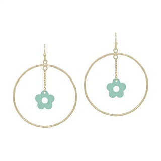 Mint Enamel Flower with Chain and Gold Hoop 1.5" Earring