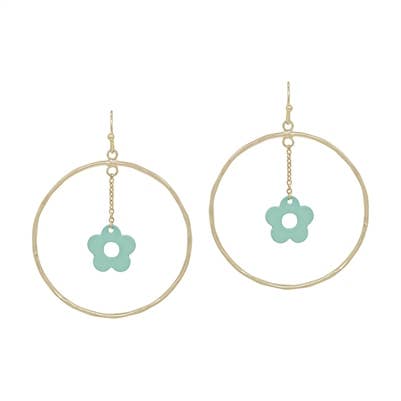 Mint Enamel Flower with Chain and Gold Hoop 1.5" Earring