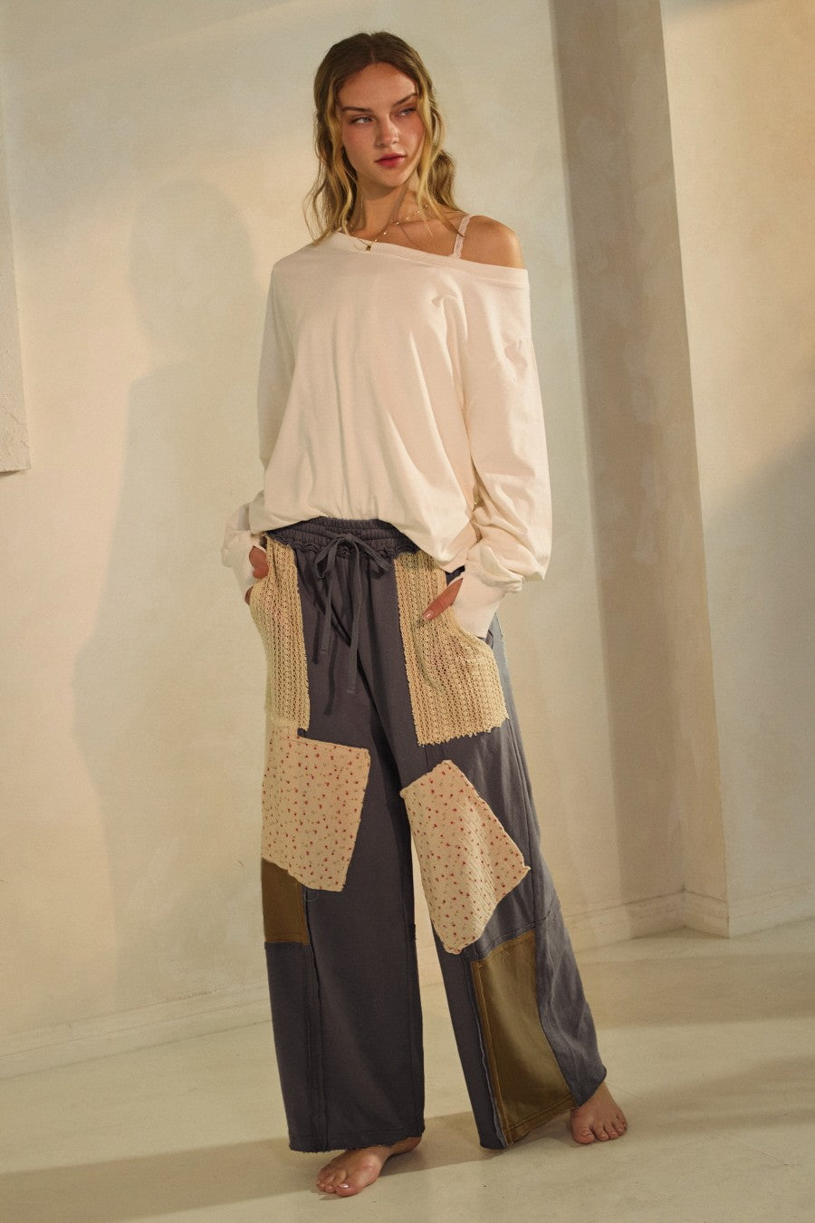 Moss Charcoal Patchwork Wide-Leg Drawstring Waist Pants by Oddi