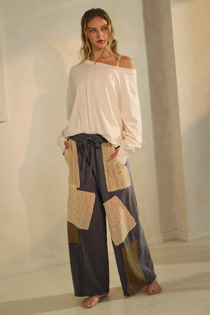 Moss Charcoal Patchwork Wide-Leg Drawstring Waist Pants by Oddi