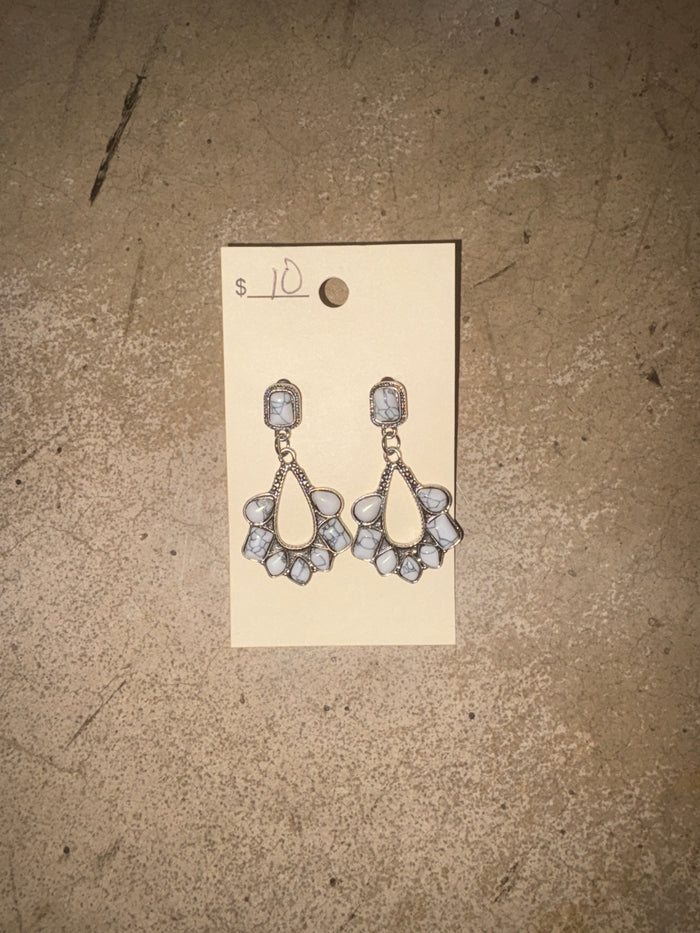 White Marble Teardrop Post Back Earrings