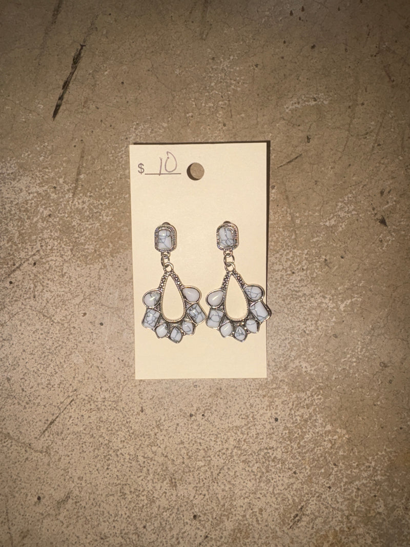 White Marble Teardrop Post Back Earrings