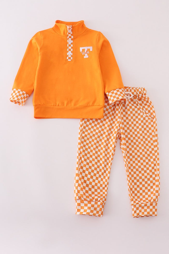 Orange "Go Vols" Embroidered Checkered pant Set Kids Outfit *TN COLLECTION*
