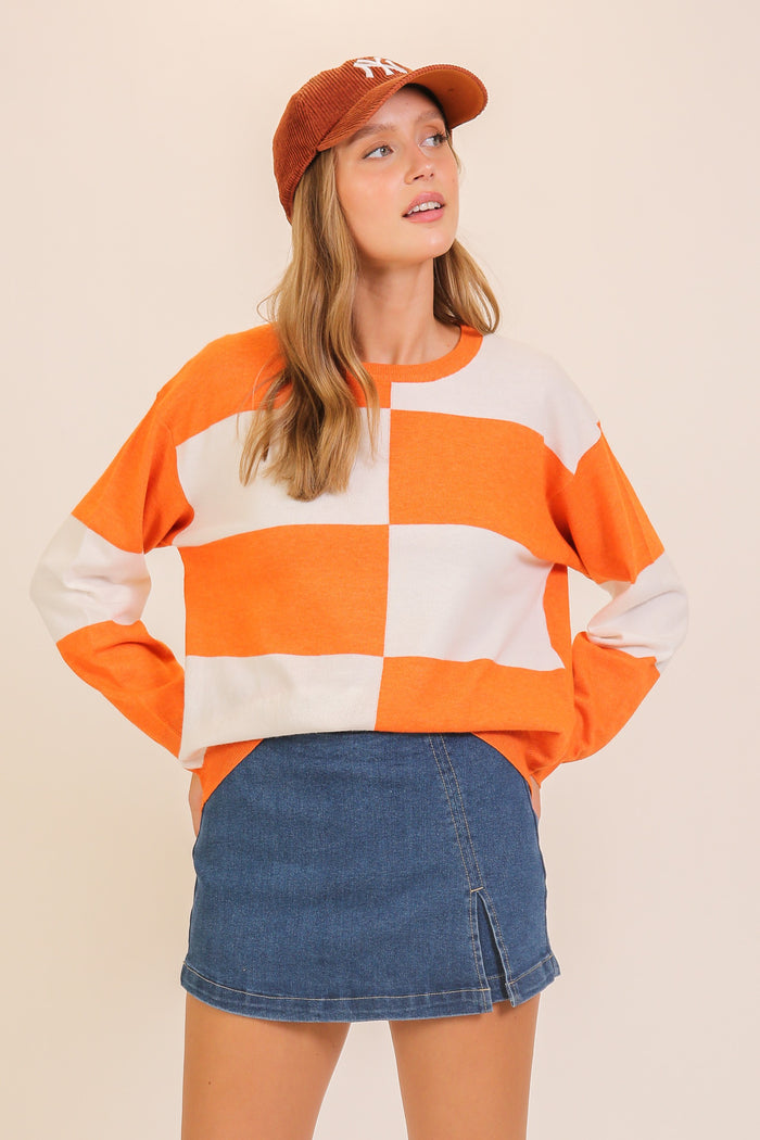 Orange & White Round Neck Tailgate Checkered Pullover *TN COLLECTION*