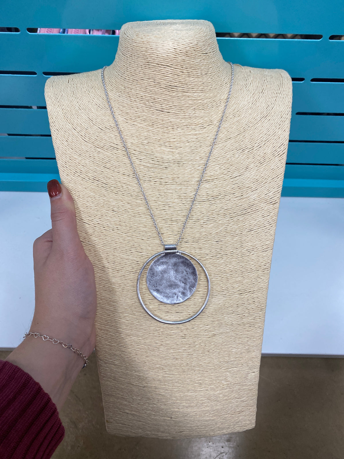 1333- Silver Long Necklace w/ Circle Detail