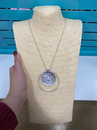 1333- Silver Long Necklace w/ Circle Detail