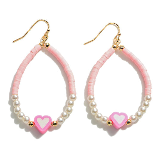 9809- Beaded Heart Teardrop Earrings *RED OR PINK*