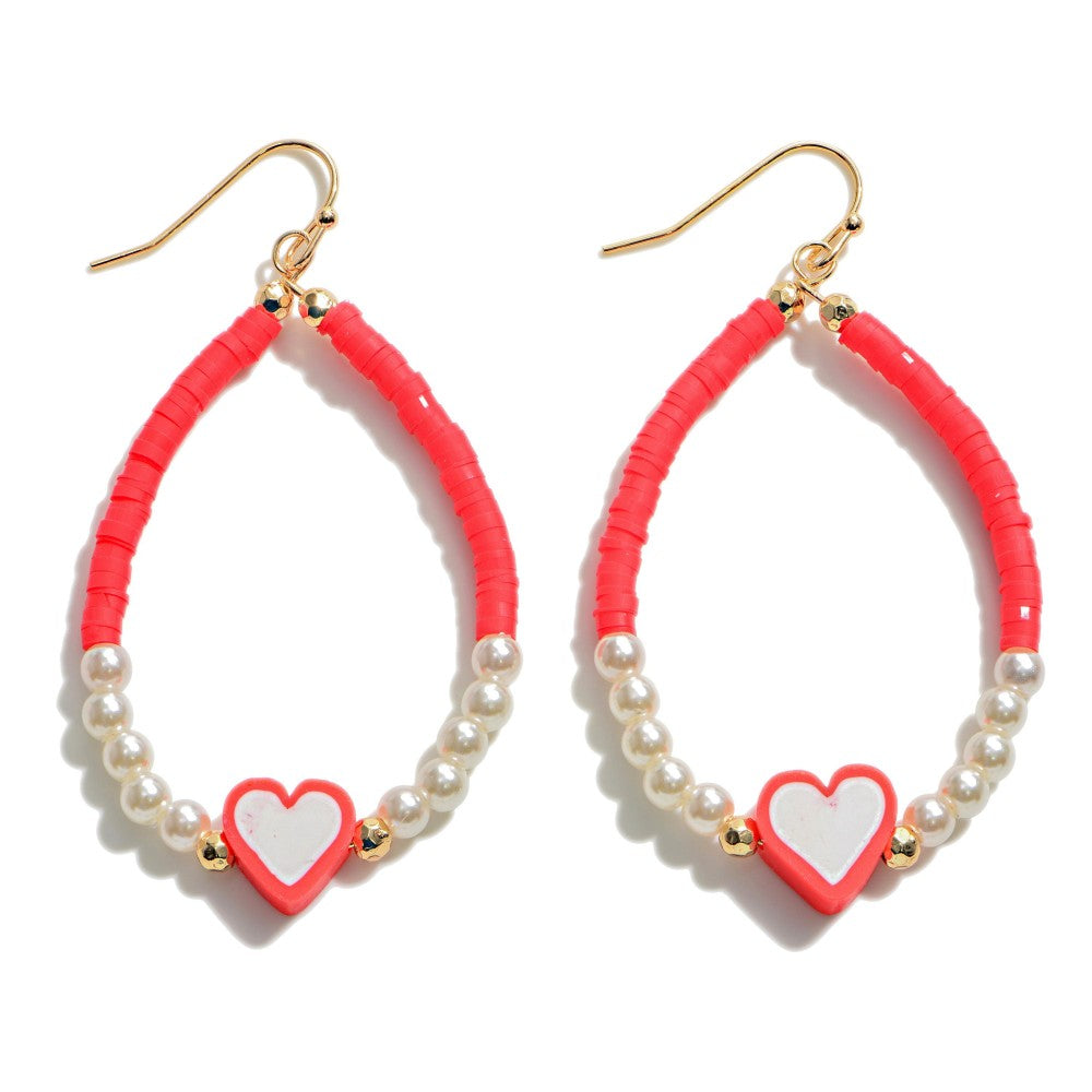 9809- Beaded Heart Teardrop Earrings *RED OR PINK*