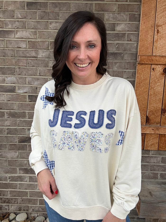 "Jesus Saves" Patchwork French Terry Sweatshirt by Mittoshop