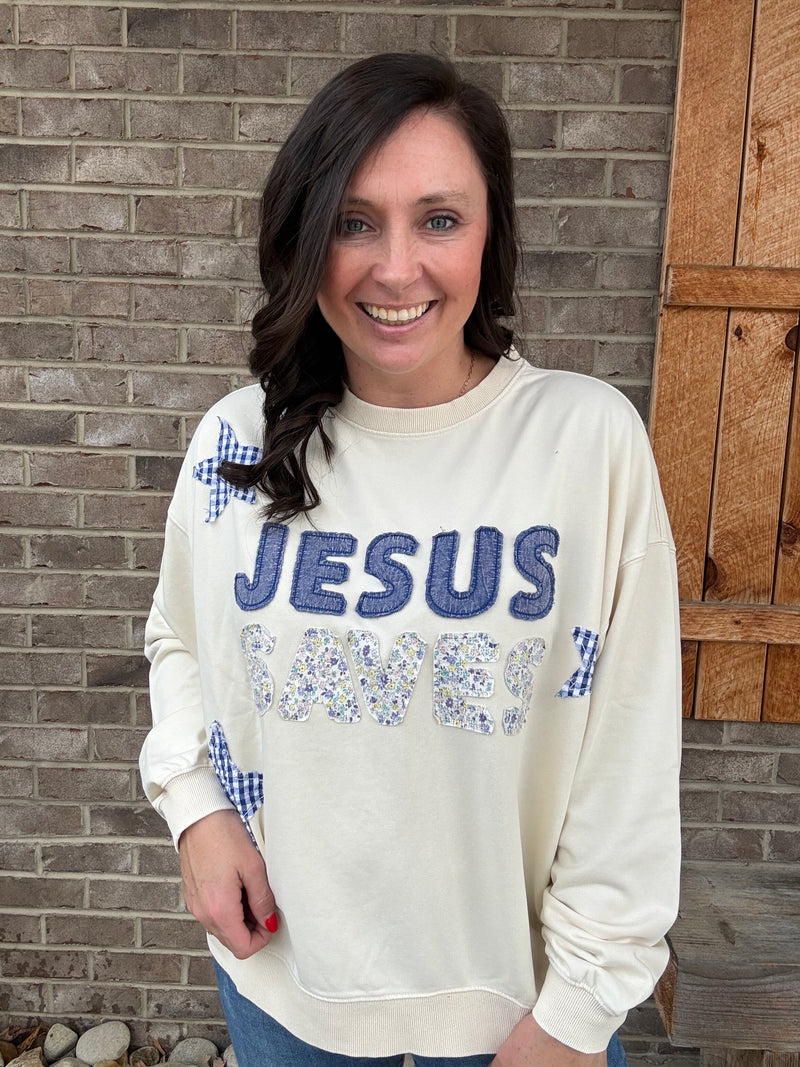 "Jesus Saves" Patchwork French Terry Sweatshirt by Mittoshop