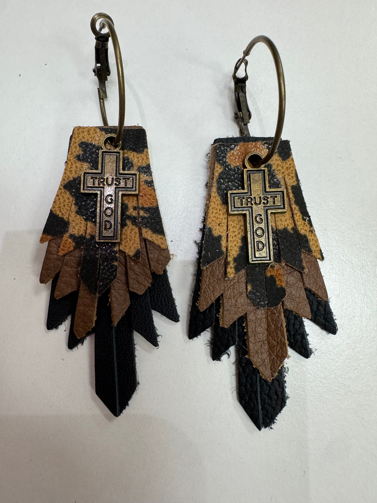 Leopard, Brown, Black Cross Charm Hoop Earrings