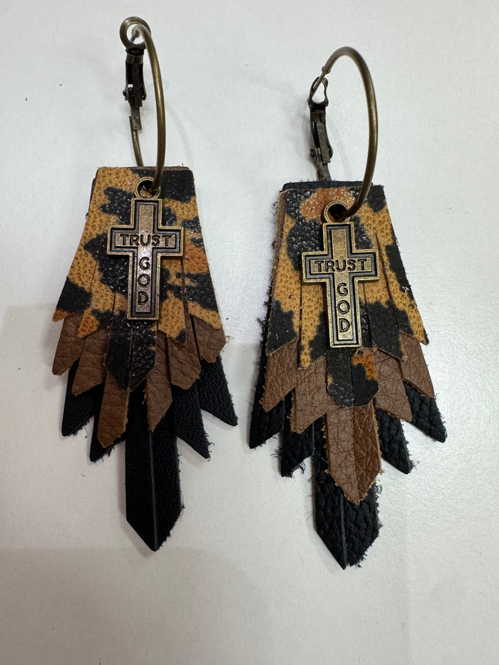 Leopard, Brown, Black Cross Charm Hoop Earrings