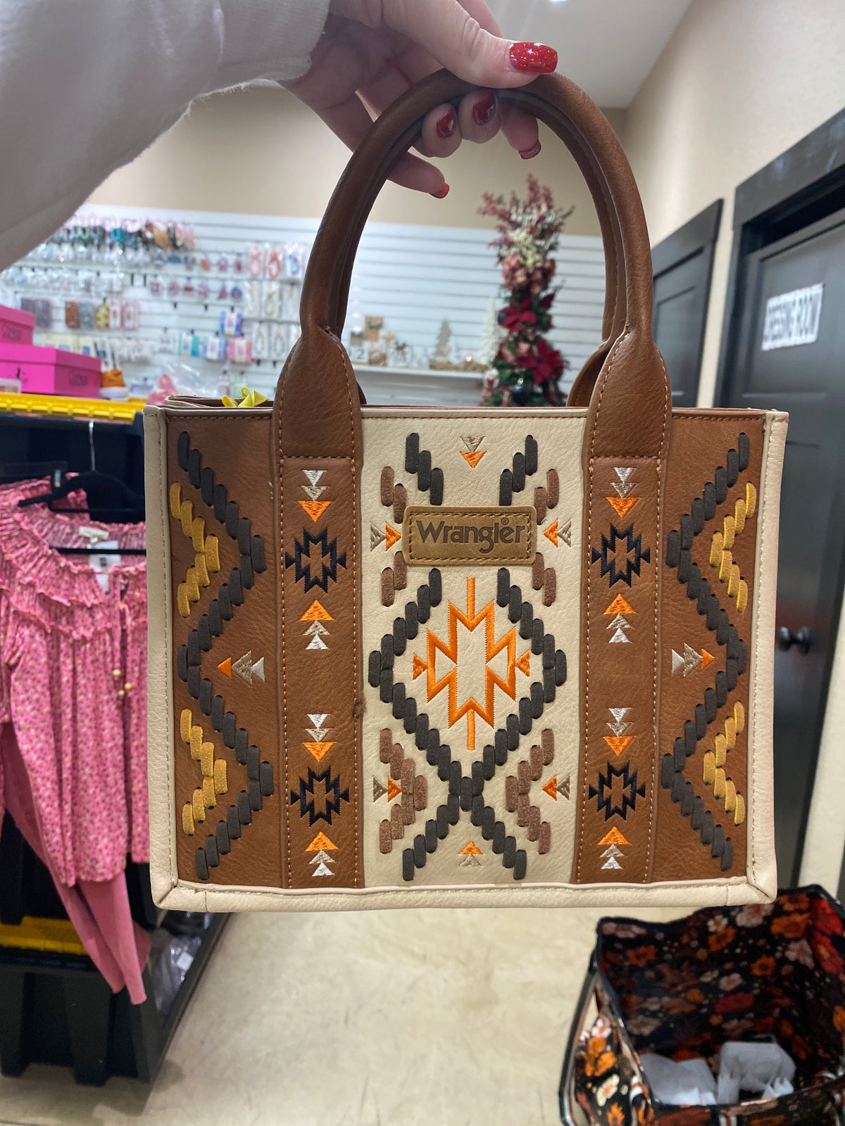 Brown Wrangler Aztec Embroidered Tote/Crossbody