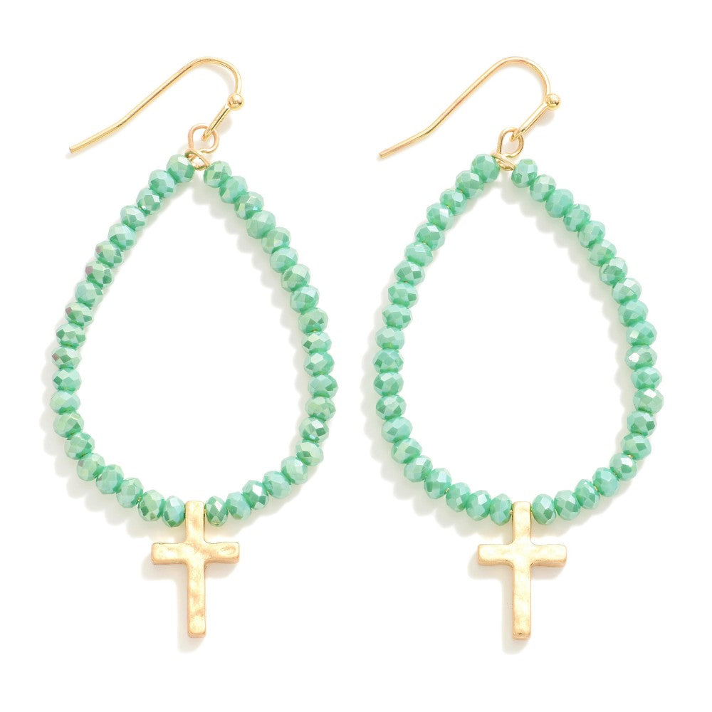 9817- Beaded Earrings W/ Cross Dangle Detail *PICK COLOR*