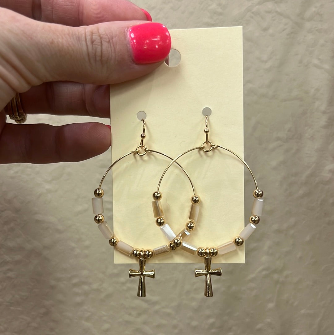 2190- Pink Circle Earrings w/ Cross Dangle