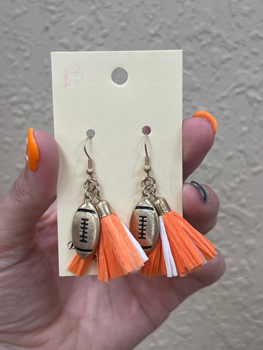 2940- Orange & White Fringe Crinkle Football Earrings *TN COLLECTION*