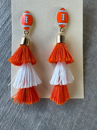 Orange White Fringe Post Football Earrings