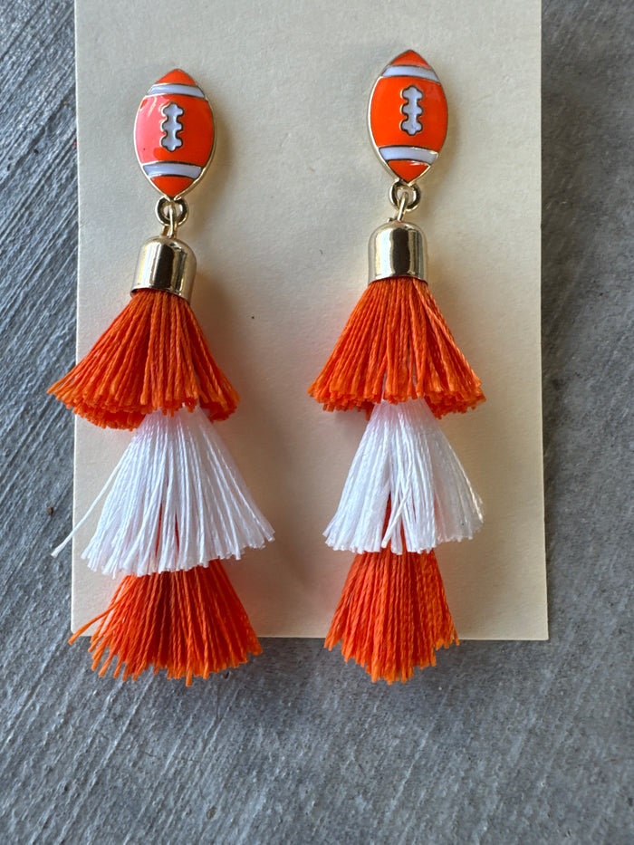 Orange White Fringe Post Football Earrings